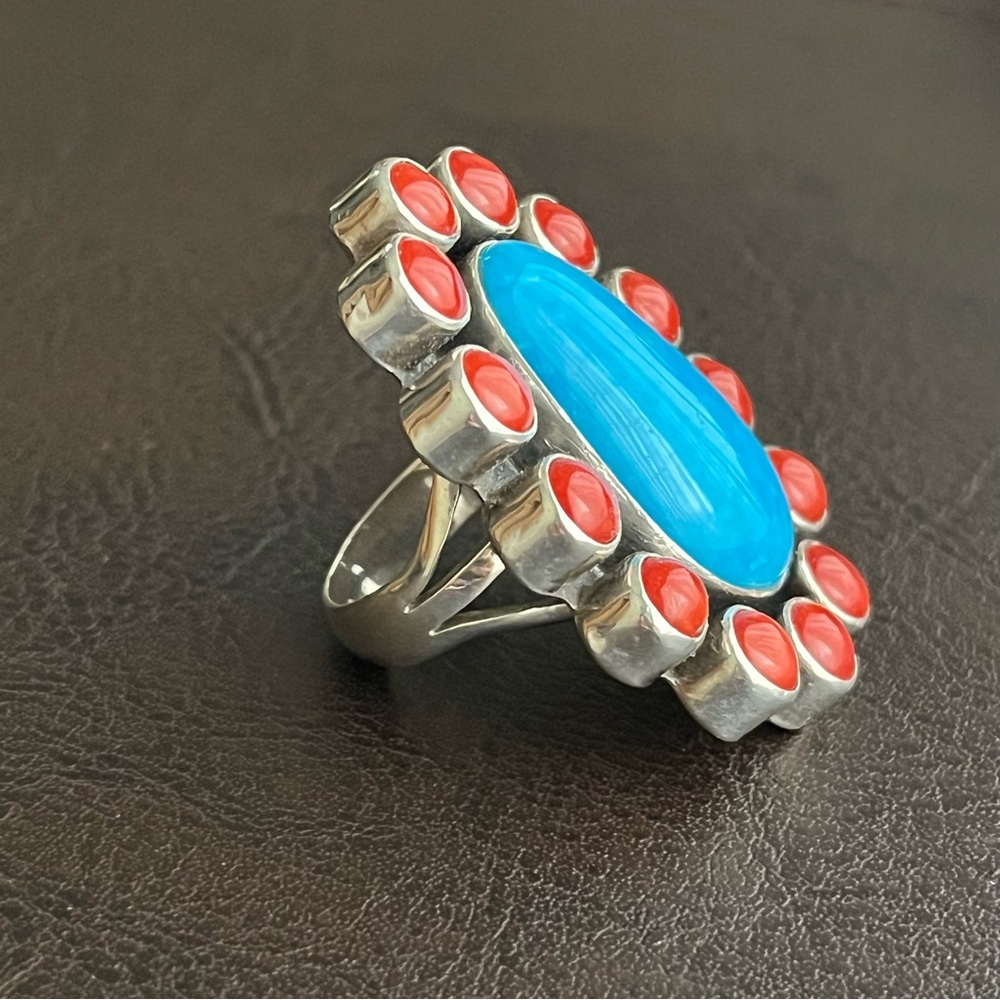 Vintage signed Navajo large Turquoise Coral and sterling silver ring - Picture 8 of 12